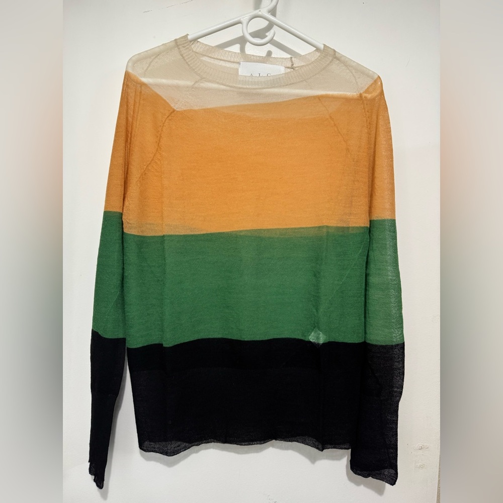 A.L.C. Colorblock Striped Semi Sheer Sweater Ivory/Orange/Green/Black XS
